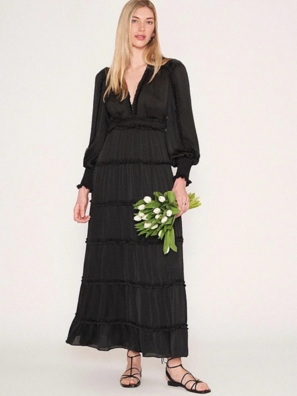 Plisse Satin Ruffle V-Neck Smocked Cuff Sleeve Tiered Maxi Dress - Picture 2 of 9